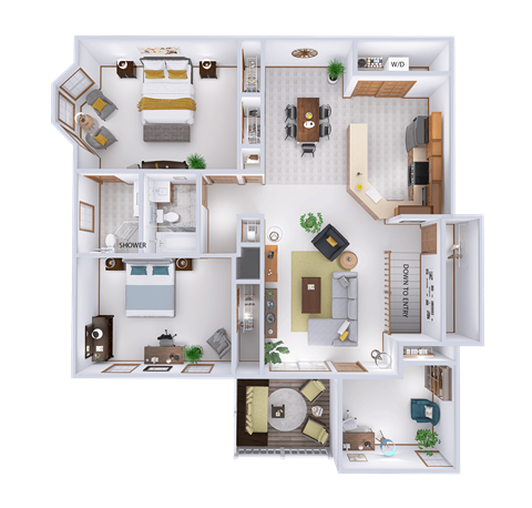 Floor plan for 2 beds, 2 baths, 1350 sqft